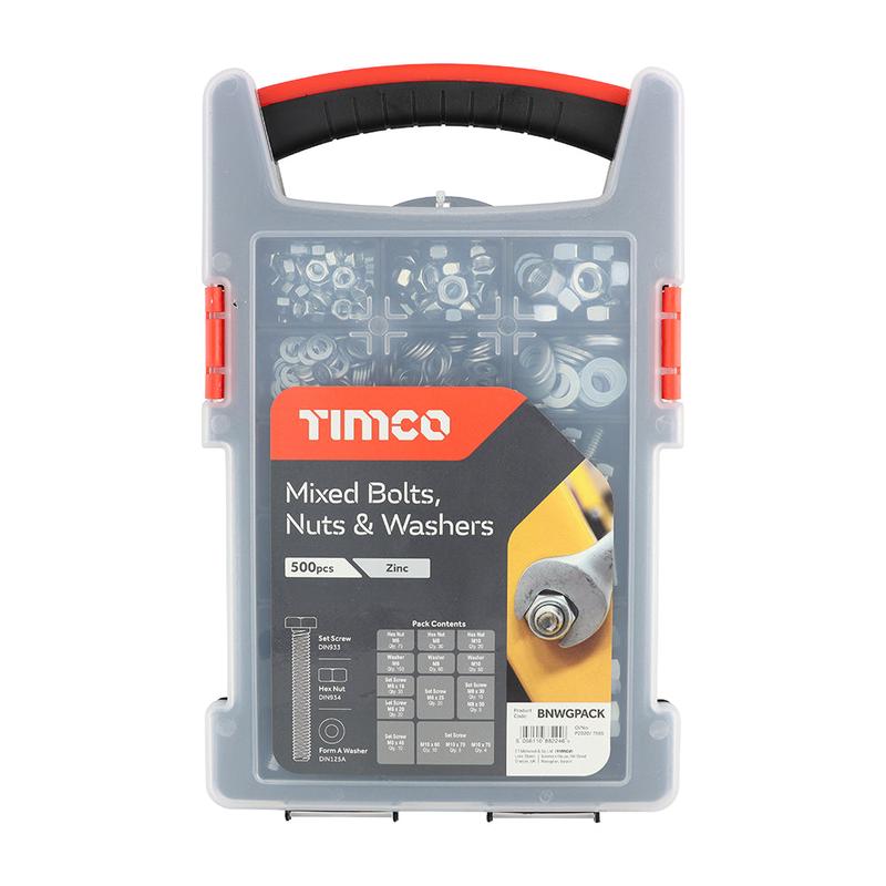 TIMCO Mixed Bolts, Nuts and Washers Grab Pack - Zinc - 500pcs - 500 Pieces Tray