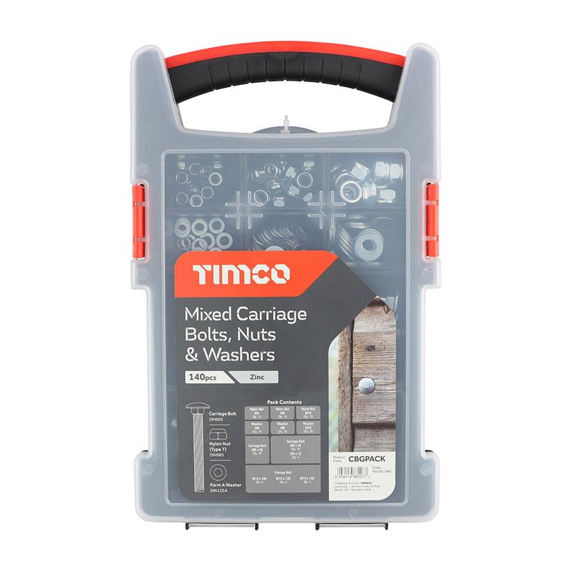 TIMCO Mixed Carriage Bolts, Nuts and Washers Grab Pack  Zinc - 140pcs - 140 Pieces Tray