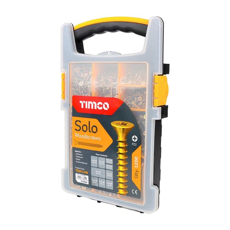 TIMCO Solo Chipboard & Woodscrews - Mixed Tray - PZ - Double Countersunk - Yellow - 1200pcs - 1200 Pieces Tray