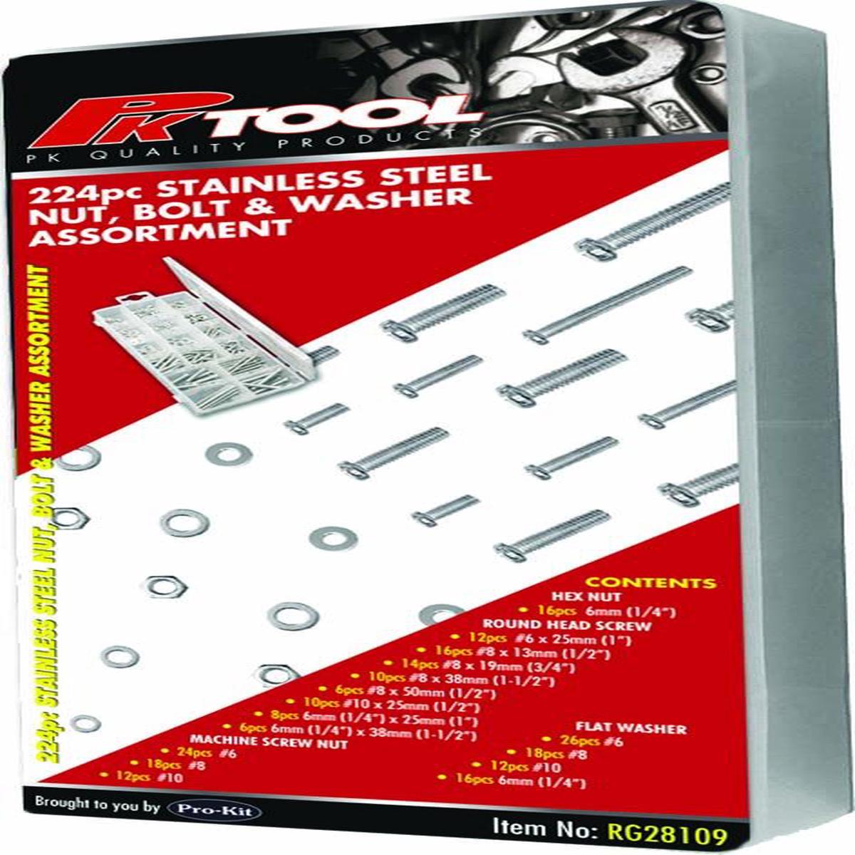 PKTool 224pc Stainless Steel Nut, Bolt and Washer Assortment - RG28109