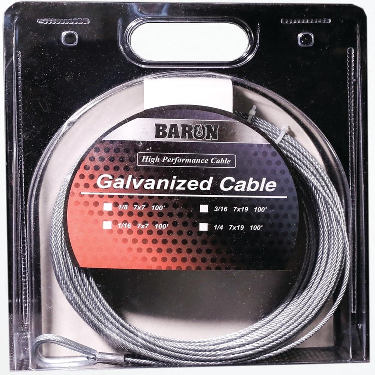 Baron 59005 Pre-Cut Cable, 1/4 in Dia, 100 in L, 1220 lb Working Load, Steel, Galvanized