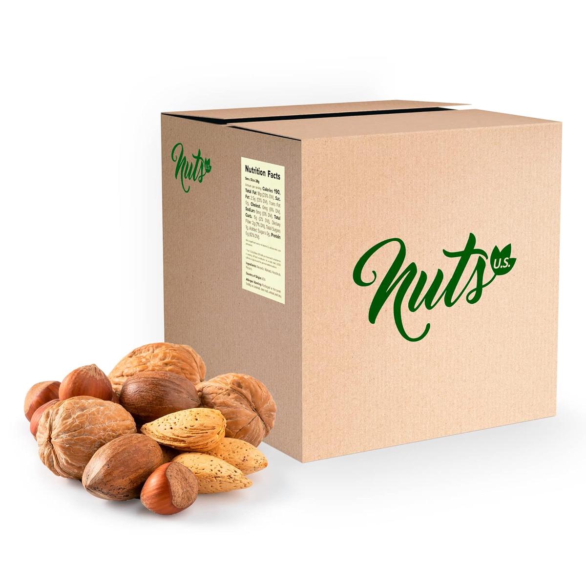 Mixed Nuts In Shell (Almonds, Walnuts, Hazelnuts, Pecans)  No Added Colors or Artificial Flavors, Fresh Buttery Taste, and Raw - 36 LBS