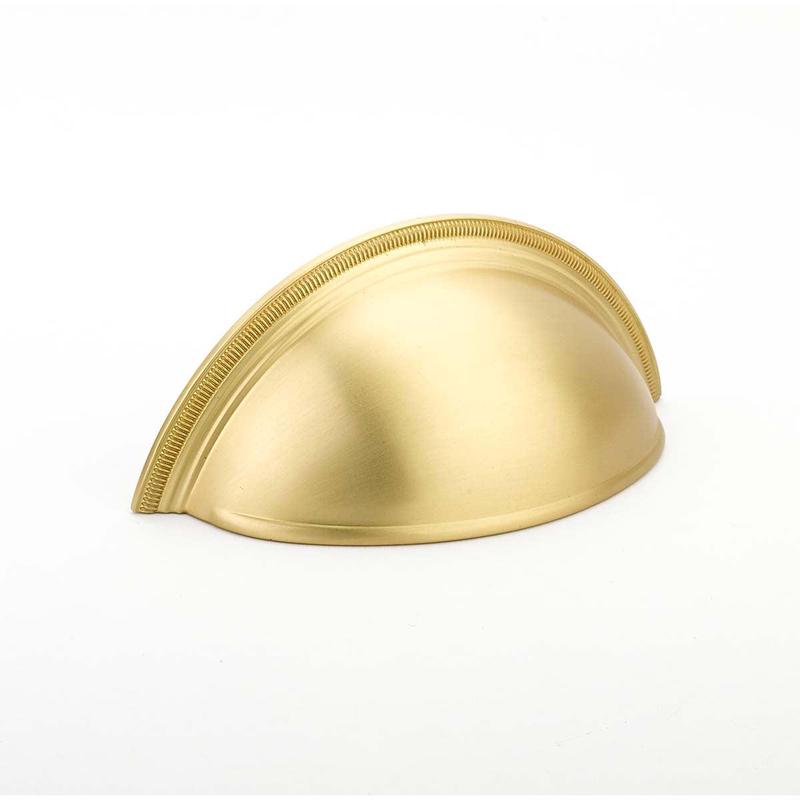 Schaub Cup Pull, Plain Surface, Knurled Edge, Satin Brass, 3" cc 575-SB
