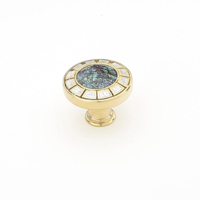 Schaub and Company Knob, Imperial Shell, White Mother of Pearl, Polished Brass, 1-1/2" dia 655-PB