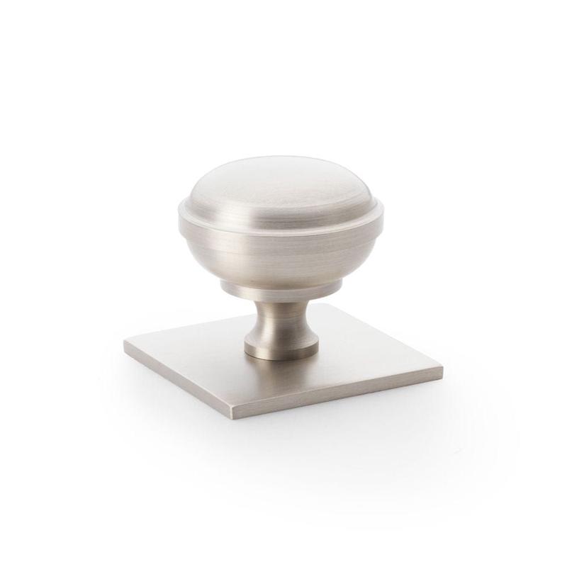 Alexander & Wilks Quantock Cupboard Knob on Square Backplate - Satin Nickel - 38mm