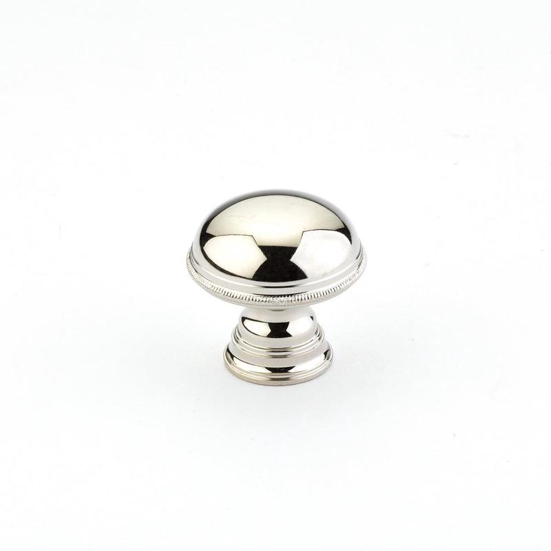 Schaub Knob, Plain Surface, Knurled Edge, Polished Nickel, 1.25" dia 572-PN