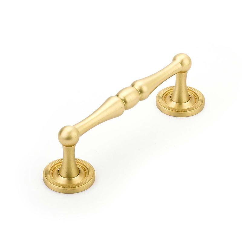 Schaub Pull, Knurled Footplate, Satin Brass, 4" cc 576-SB