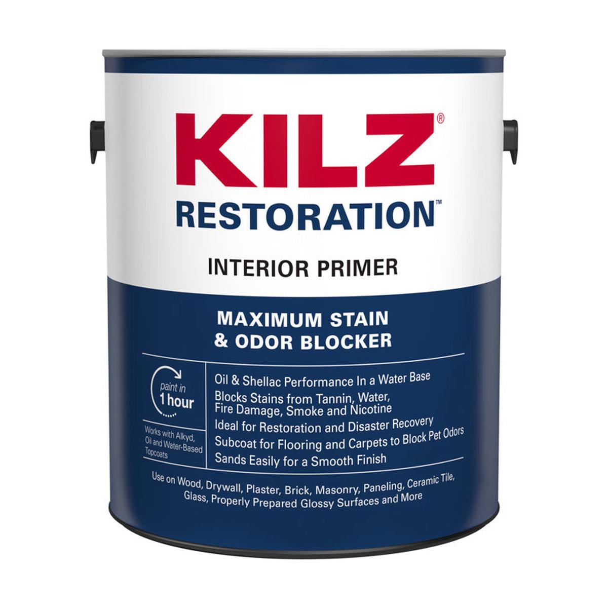 KILZ Restoration White Flat Water-Based Acrylic Modified Epoxy Stain and Odor Blocking Primer 1 gal, Pack of 4