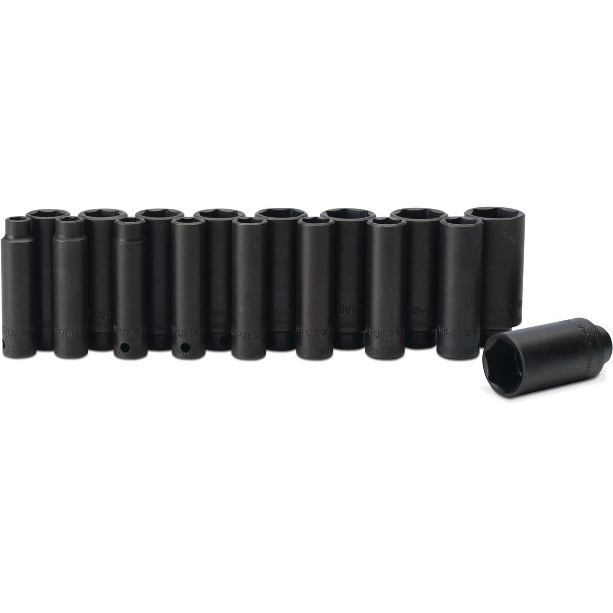 Socket Set, Deep/Extra Deep Impact Metric in Metal Tray 3/8" Drive - 17-PC.