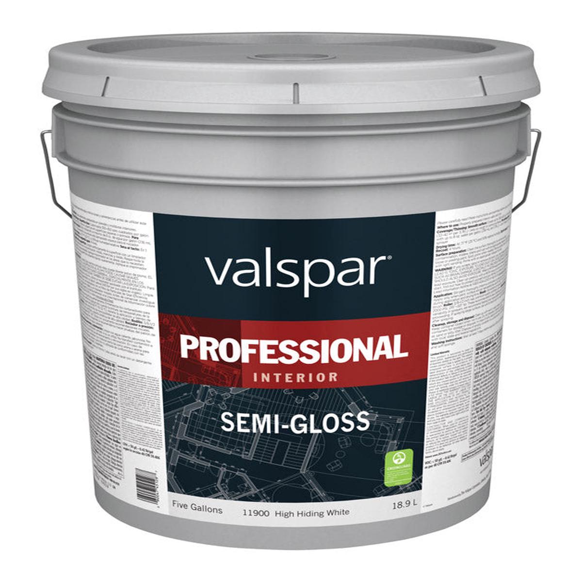 Valspar 11900 Series 045.0011900.008 Interior Paint, Semi-Gloss Sheen, High-Hide White, 5 gal, Pail