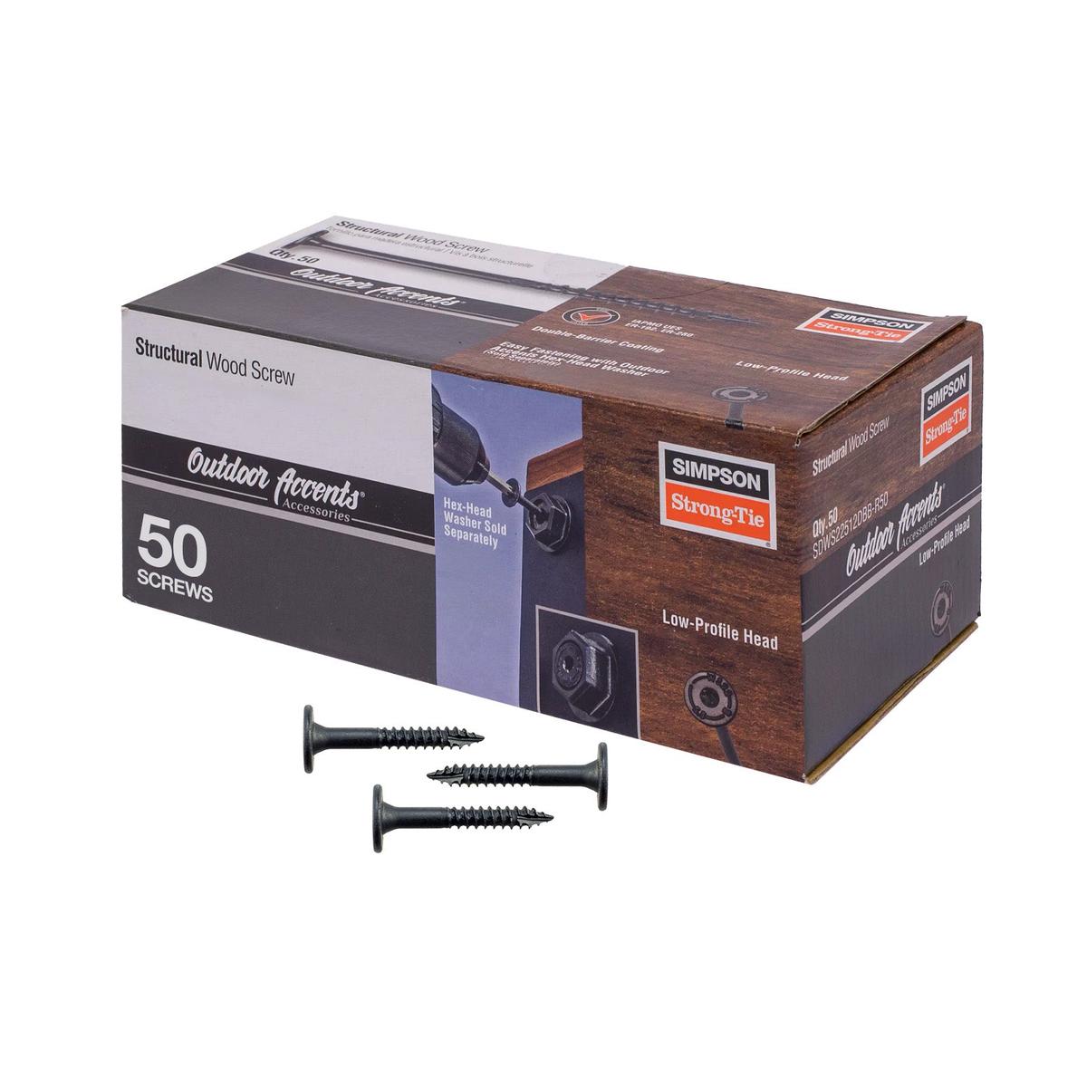 0.250" x 2" Strong-Tie SDWS25200DBBR50 Structural Screw T40 Star - Double Barrier Black Coating, Pkg 50