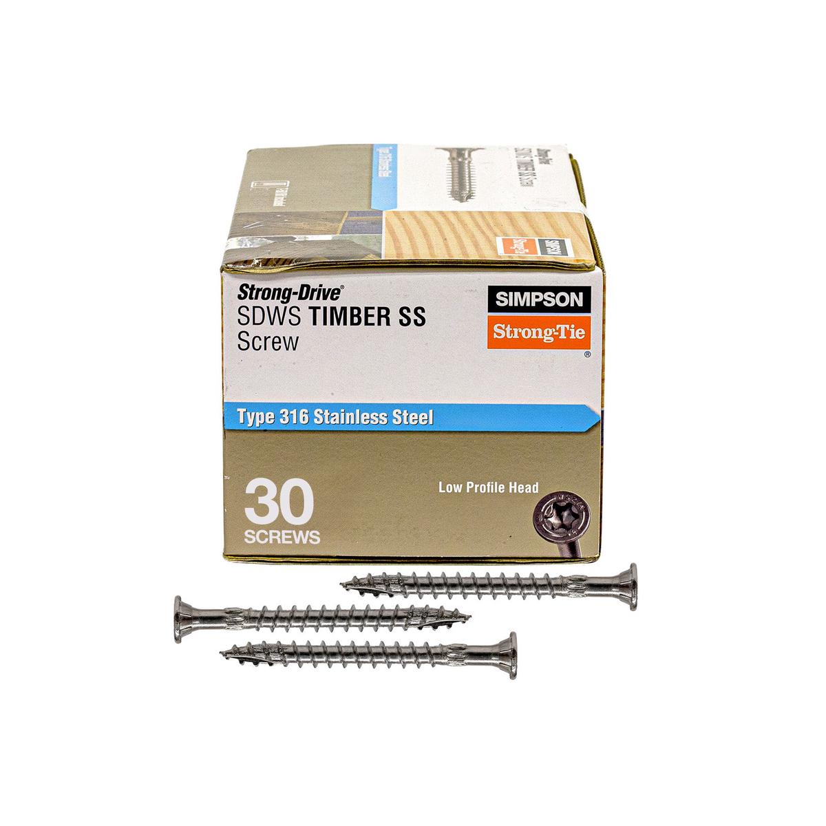 .276" x 4" Strong-Tie SDWS27400SS-R30 Timber Screws - 316 Stainless Steel, Pkg 30
