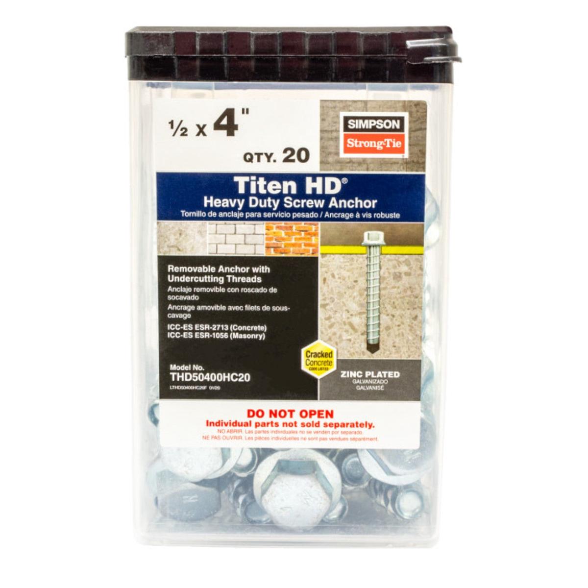 1/2" x 4" Strong-Tie THD50400H Titen HD Screw Anchor, Zinc, Pkg 20