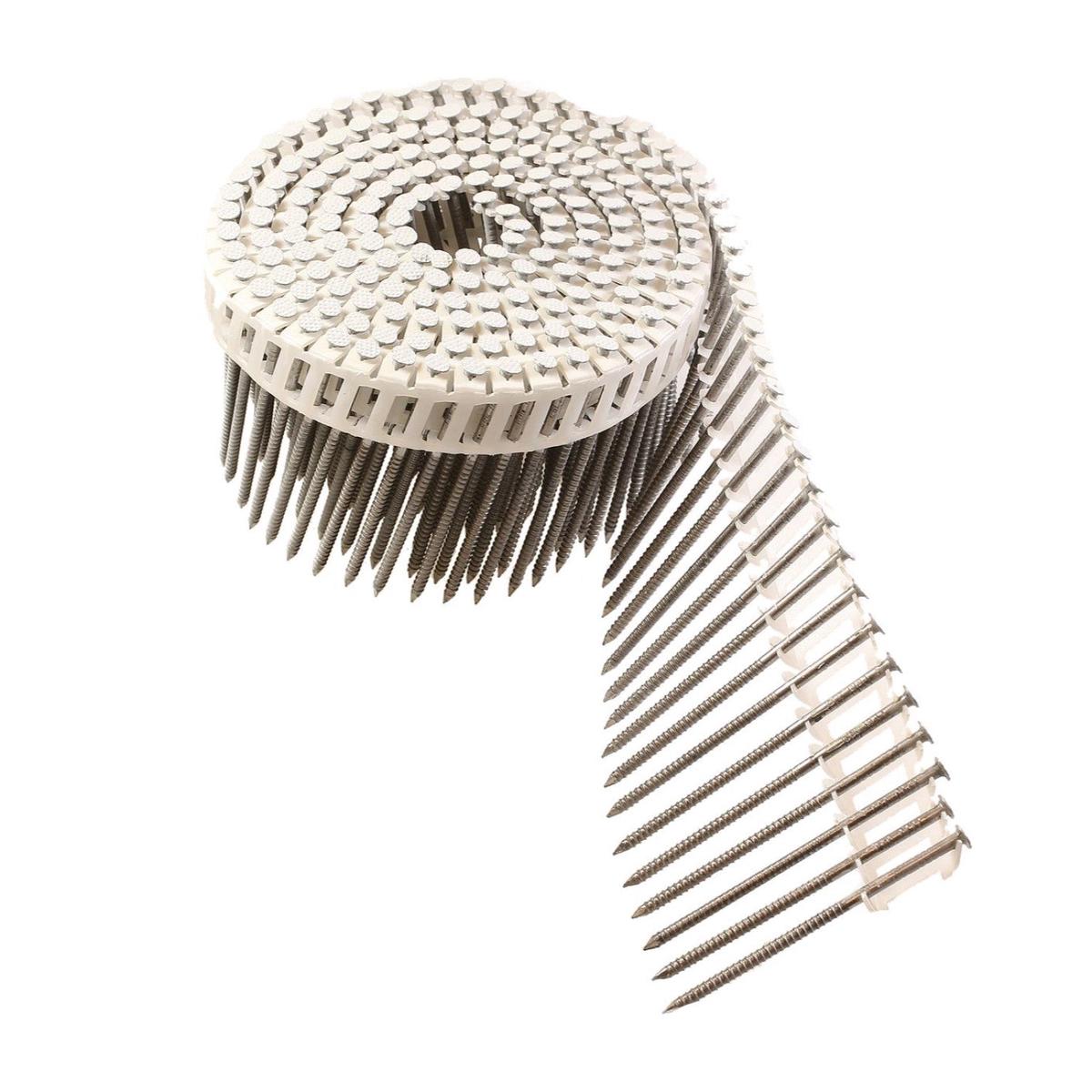 2-1/2" 15 Degree Inserted Plastic Coil Ring-Shank Nail Full Round Head - White, 2400 pkg