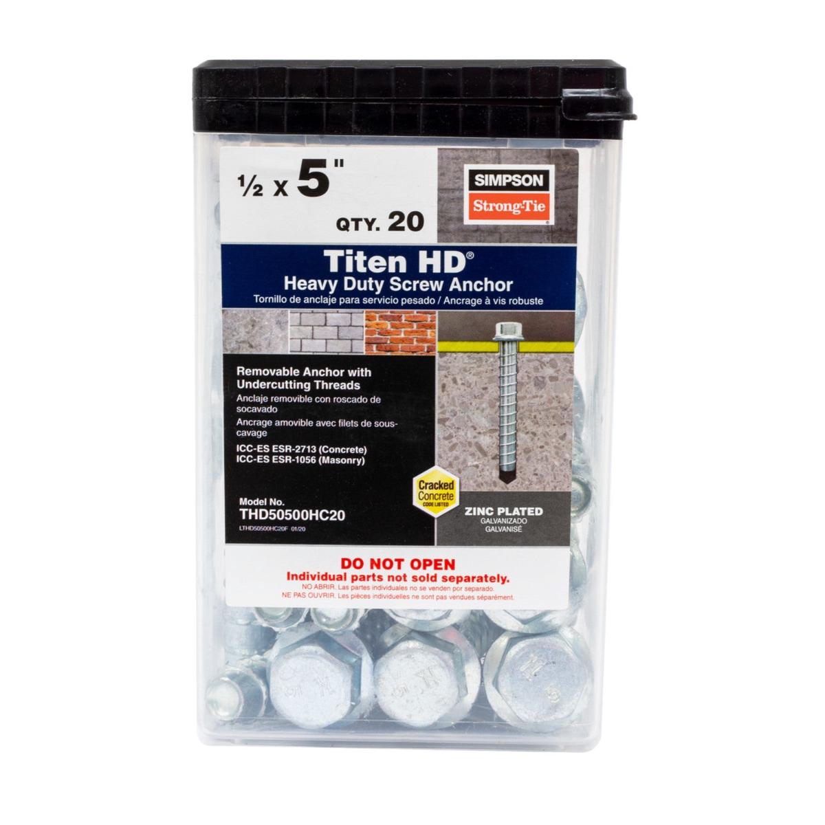 1/2" x 5" Strong-Tie THD50500HC20 Titen HD Screw Anchor, Zinc, Pkg 20