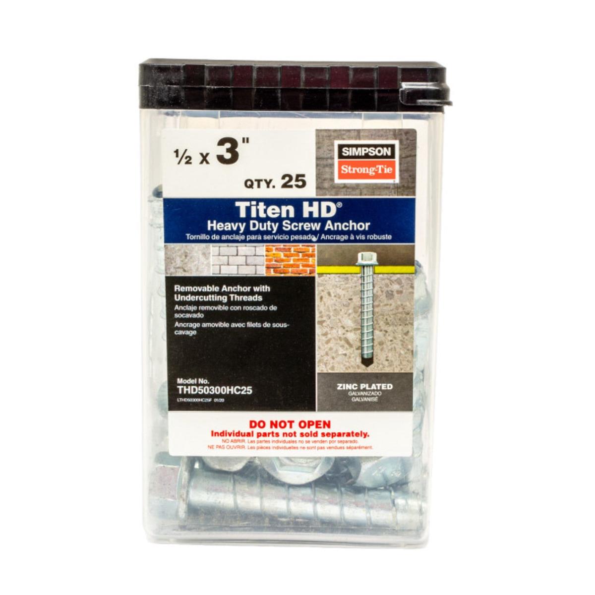 1/2" x 3" Strong-Tie THD50300H Titen HD Screw Anchor, Zinc, Pkg 25