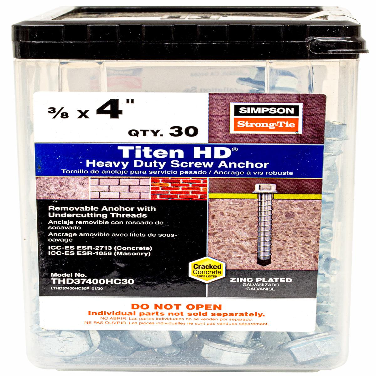 3/8" x 4" Strong-Tie THD37400HC30 Titen HD Screw Anchor, Zinc, Pkg 30