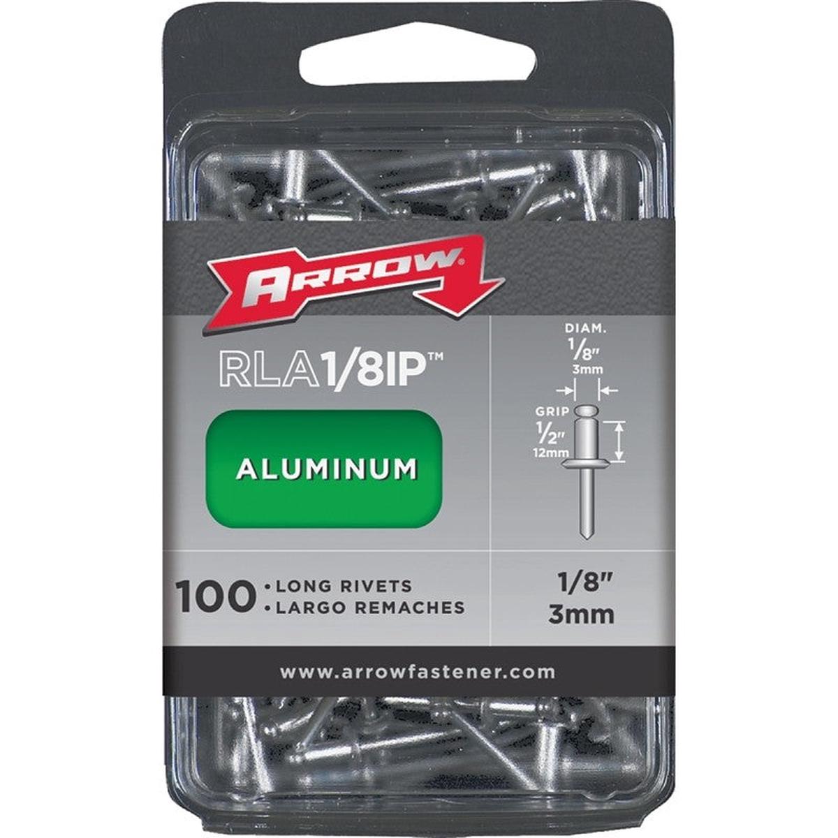 Arrow RLA1/8IP Pop Rivet, Long, 1/2 in Grip, 1/2 in L, Aluminum, 100/PK